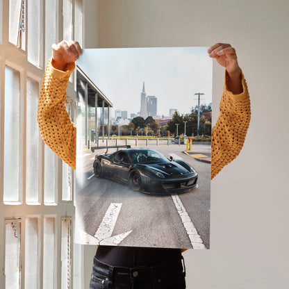Ferrari 458 Italia GT3 black sports car on urban road poster wall art.