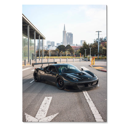 Ferrari 458 Italia GT3 black race car on city street poster wall art.