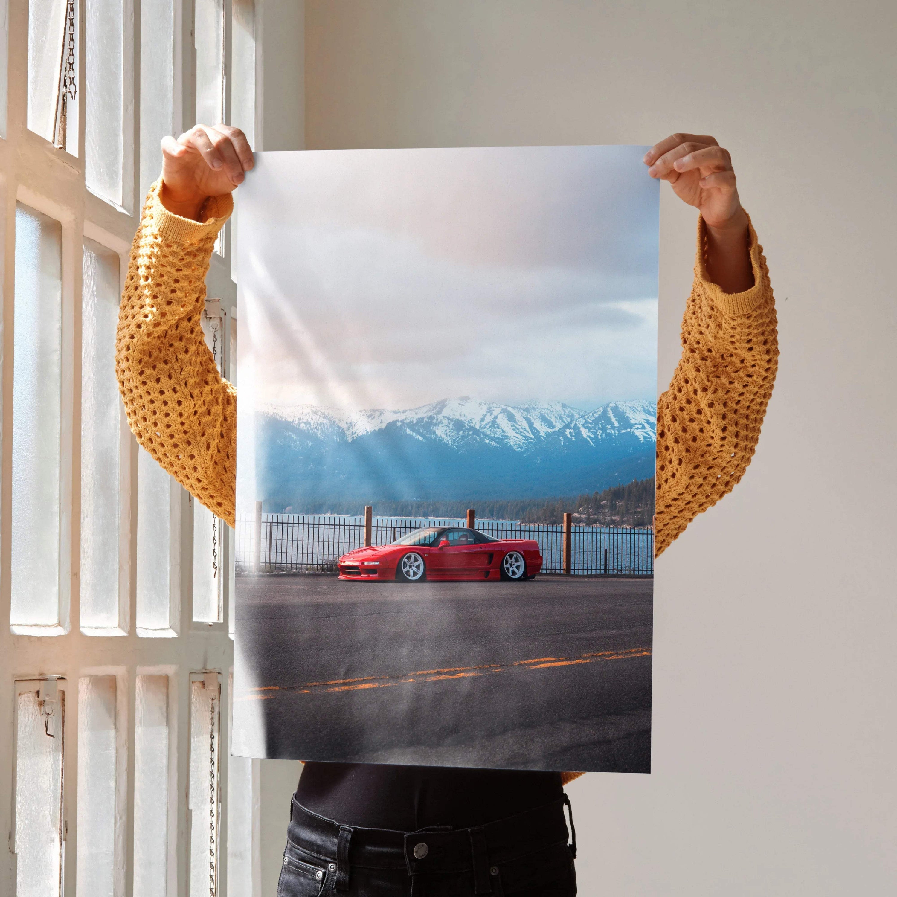Acura NSX poster wall art featuring a red JDM car against a mountain sunset backdrop.