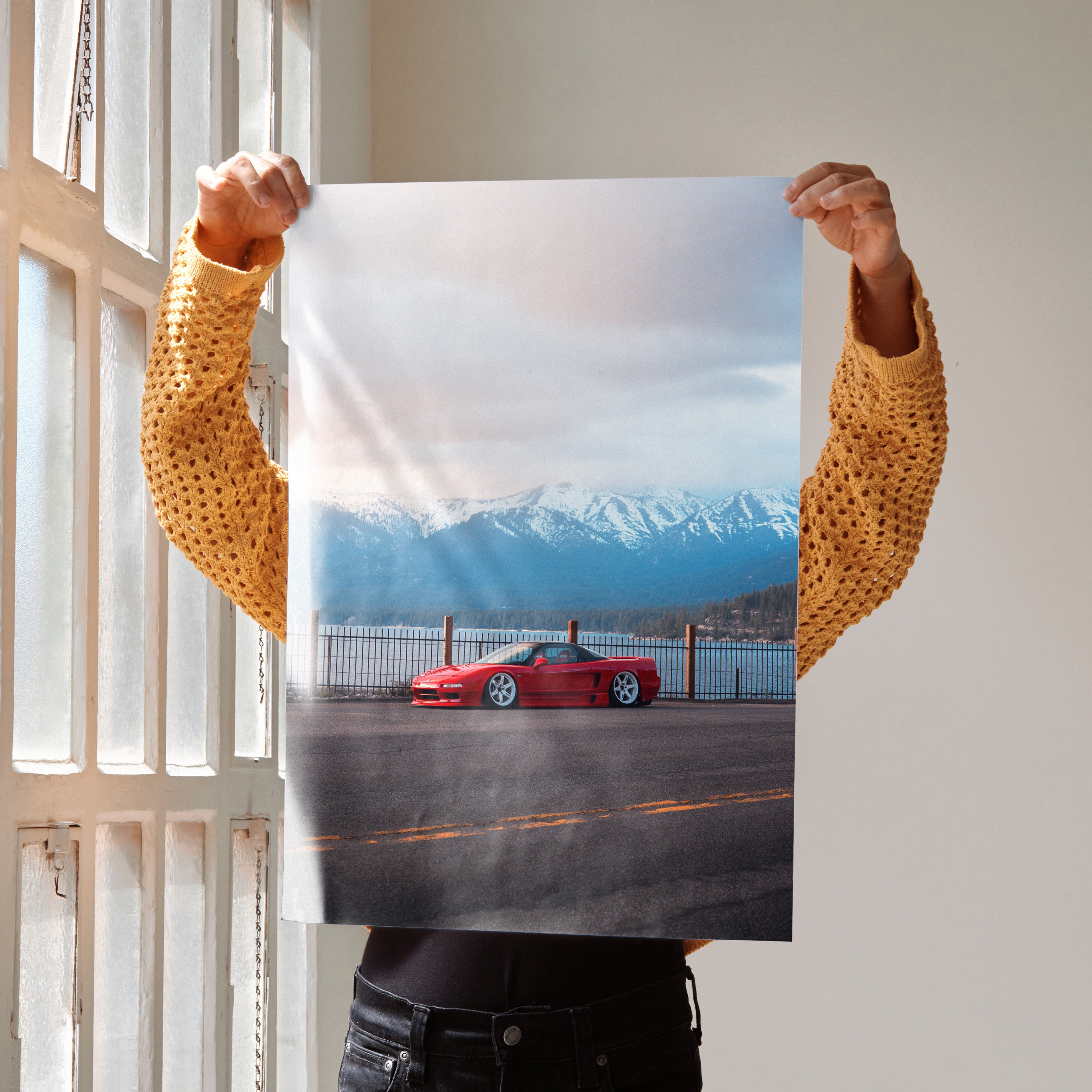 Acura NSX poster wall art featuring a red JDM car against a mountain sunset backdrop.