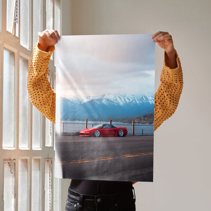 Acura NSX poster wall art featuring a red JDM car against a mountain sunset backdrop.