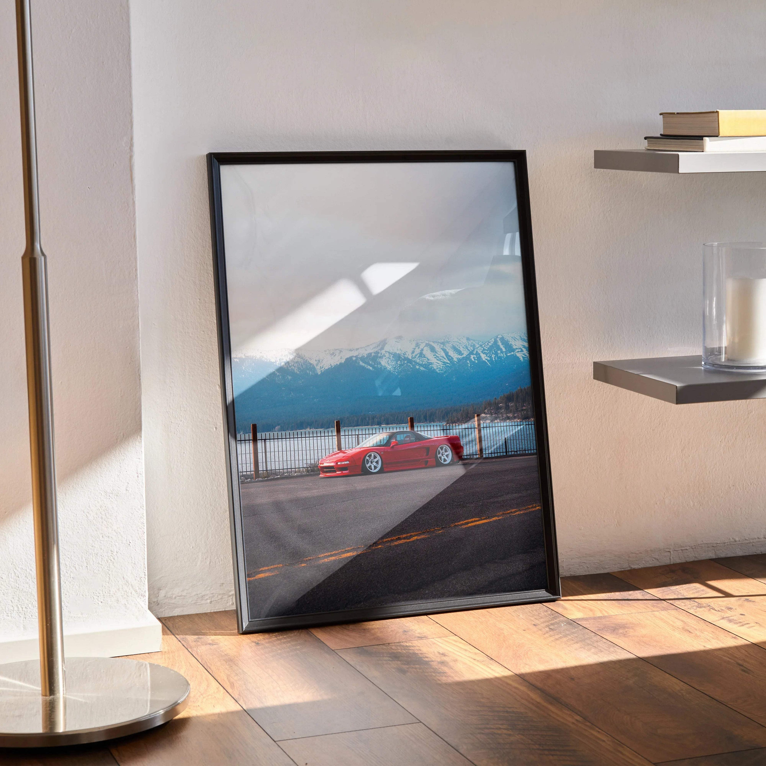 Acura NSX JDM car poster with red sports car against mountain and sunset background wall art.