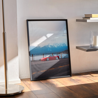 Acura NSX JDM car poster with red sports car against mountain and sunset background wall art.