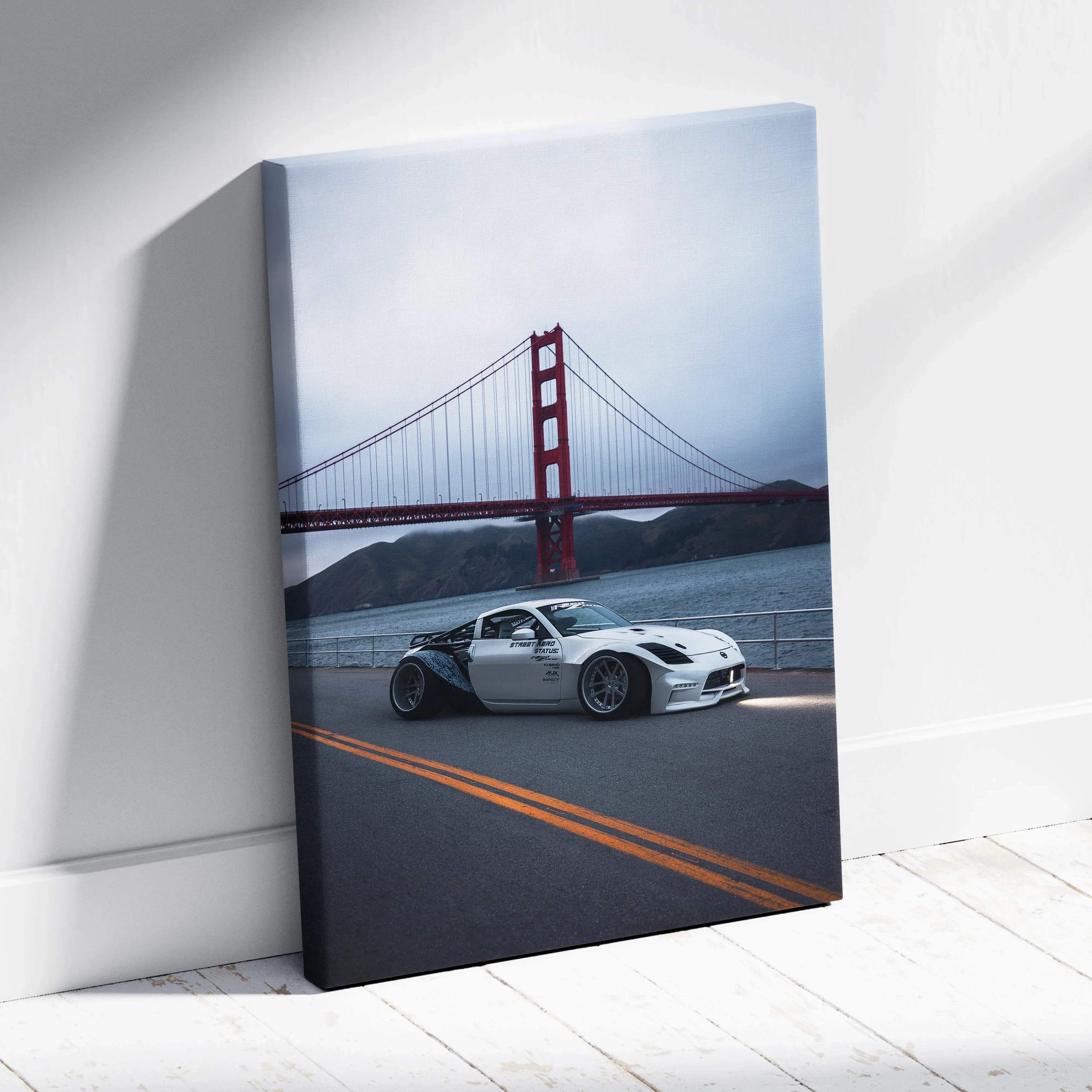 Nissan 350z on road with Golden Gate Bridge background vertical canvas wall art.