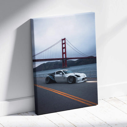 Nissan 350z on road with Golden Gate Bridge background vertical canvas wall art.