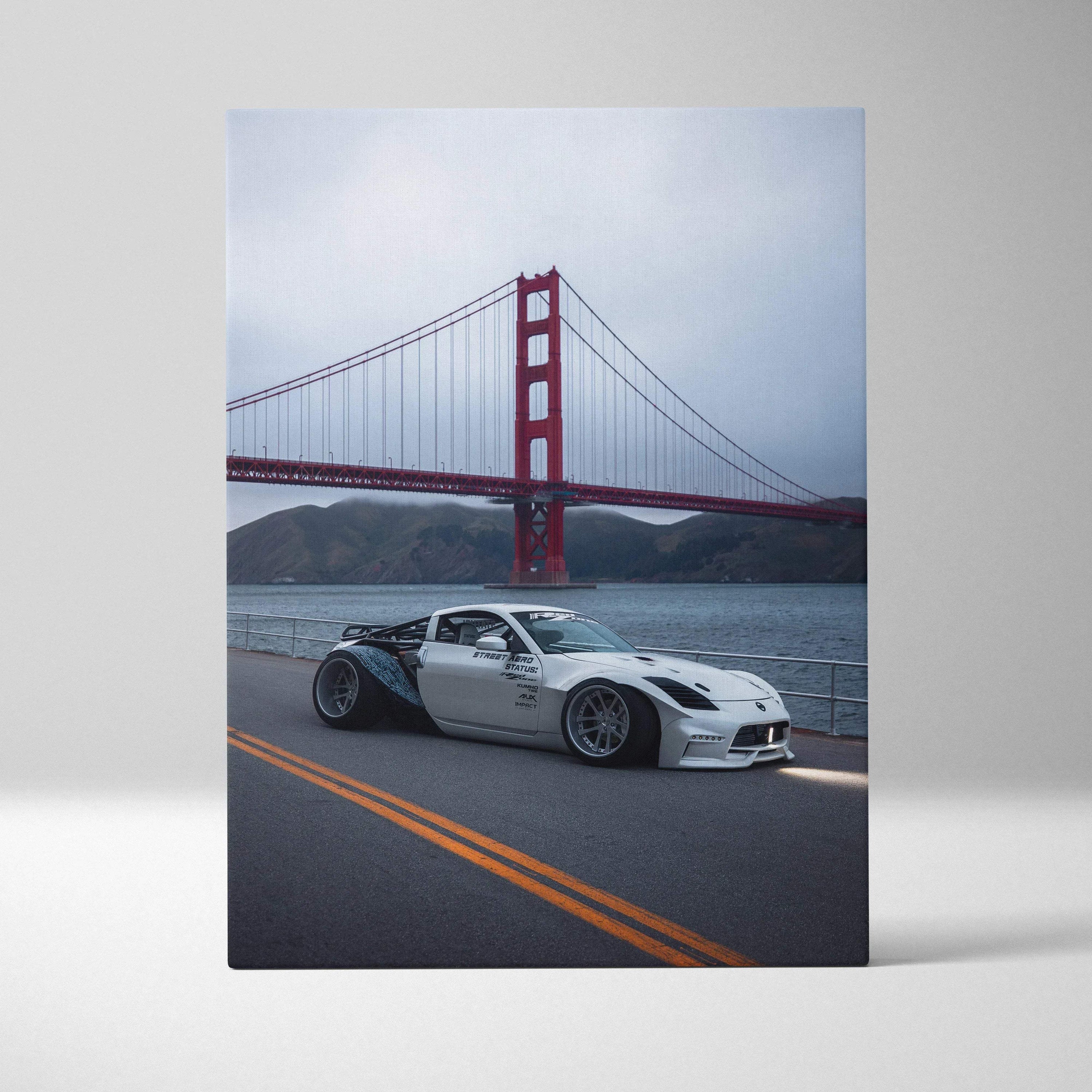 Nissan 350z parked on road near Golden Gate Bridge vertical canvas wall art print.