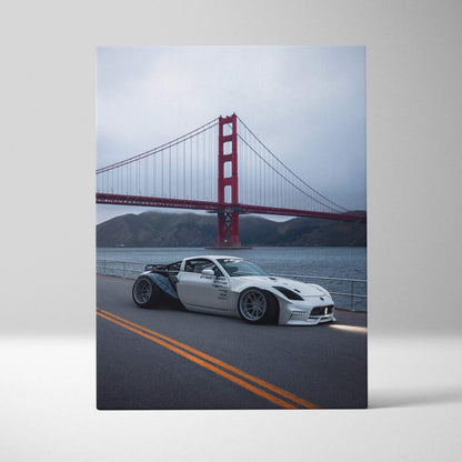 Nissan 350z parked on road near Golden Gate Bridge vertical canvas wall art print.