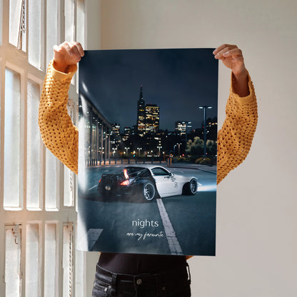 Nissan 350z poster with nighttime city skyline, motivational wall art design.