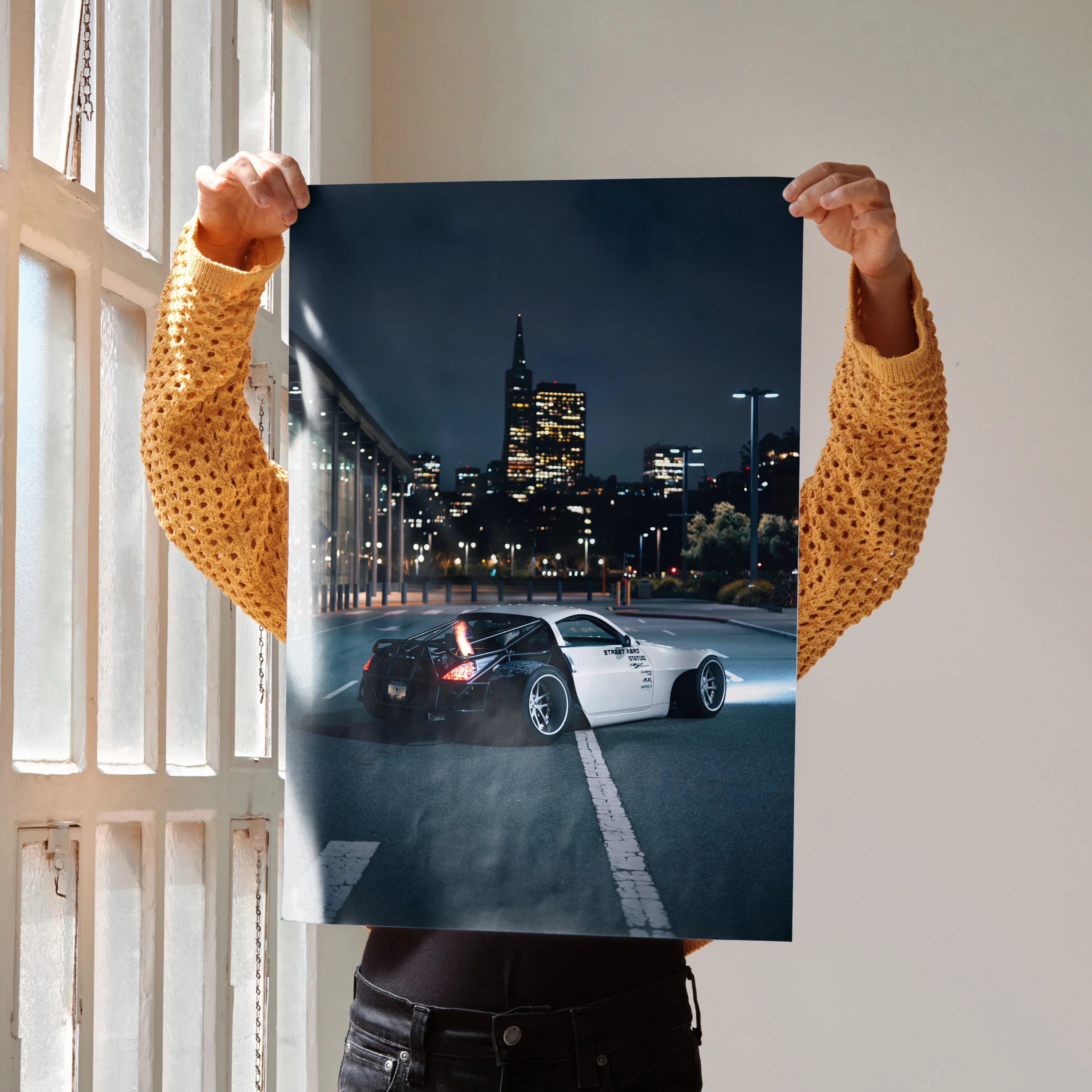 Nissan 350z JDM widebody car poster against city skyline at night, premium wall art print.