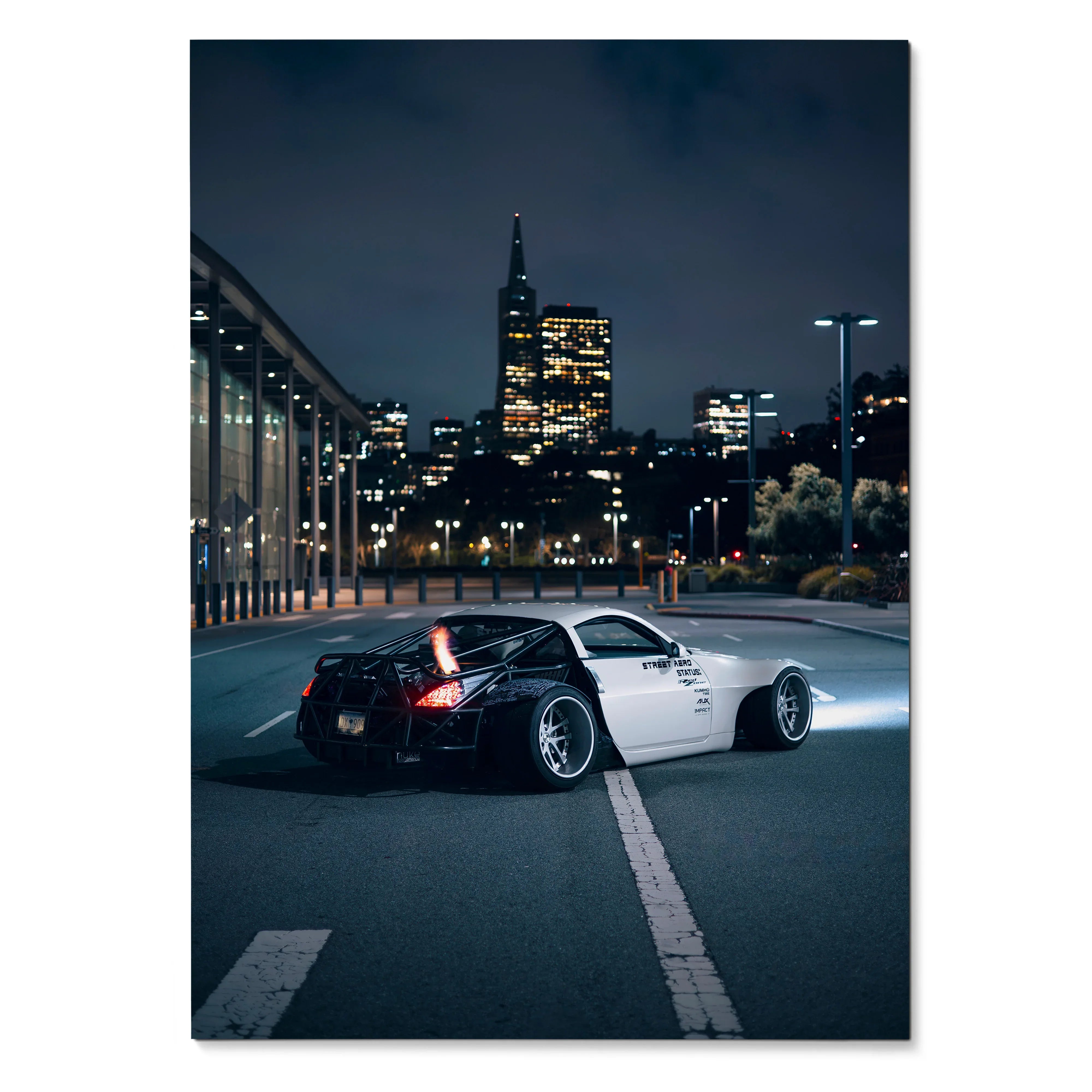 Nissan 350z JDM widebody drift car at night in city poster wall art print.