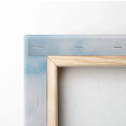Close-up of corner stretch on high-quality canvas art with wooden frame and precise staples for wall art display.