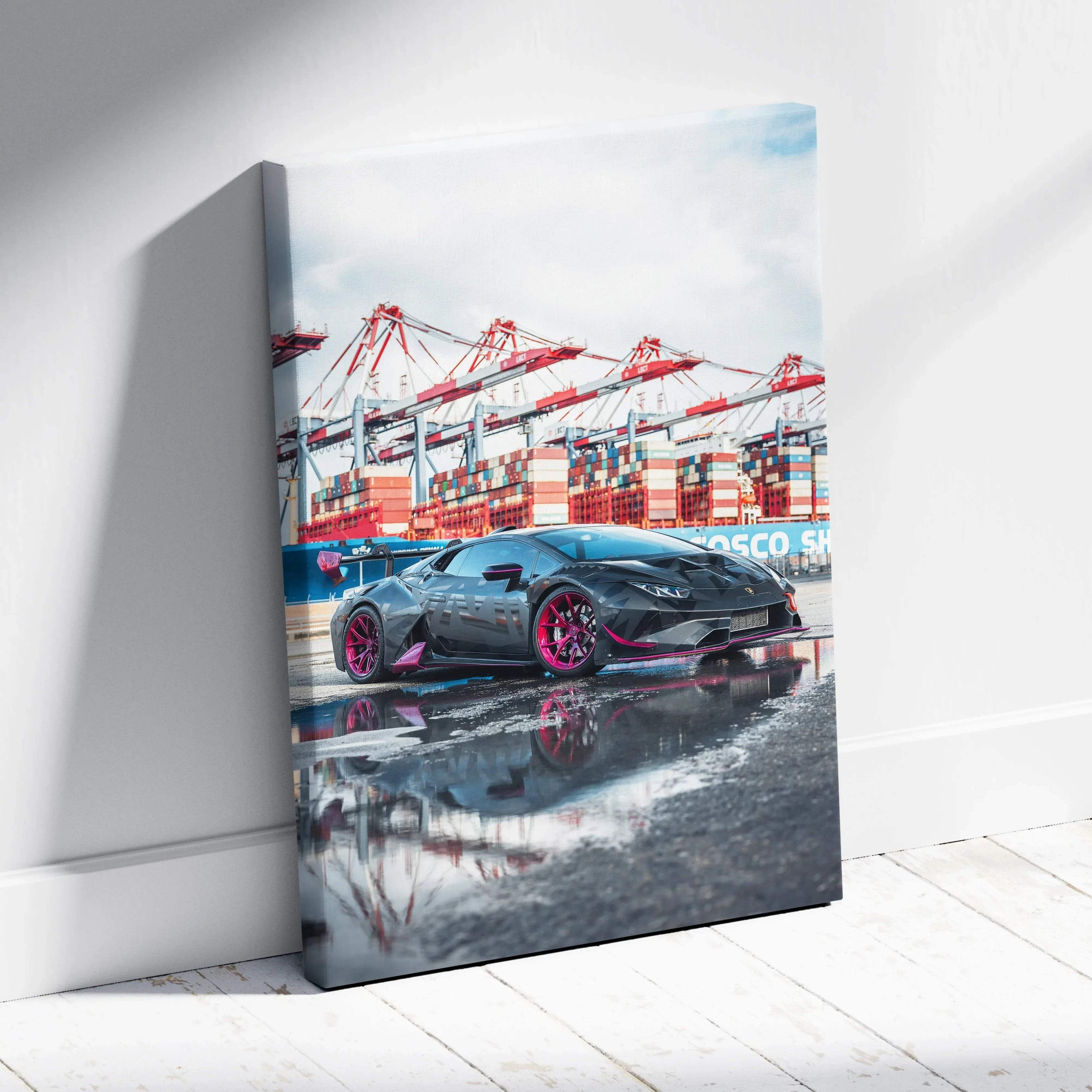Lamborghini Huracan canvas art with industrial port background in high-resolution vertical wall art print.