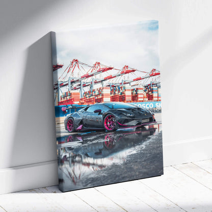 Lamborghini Huracan canvas art with industrial port background in high-resolution vertical wall art print.