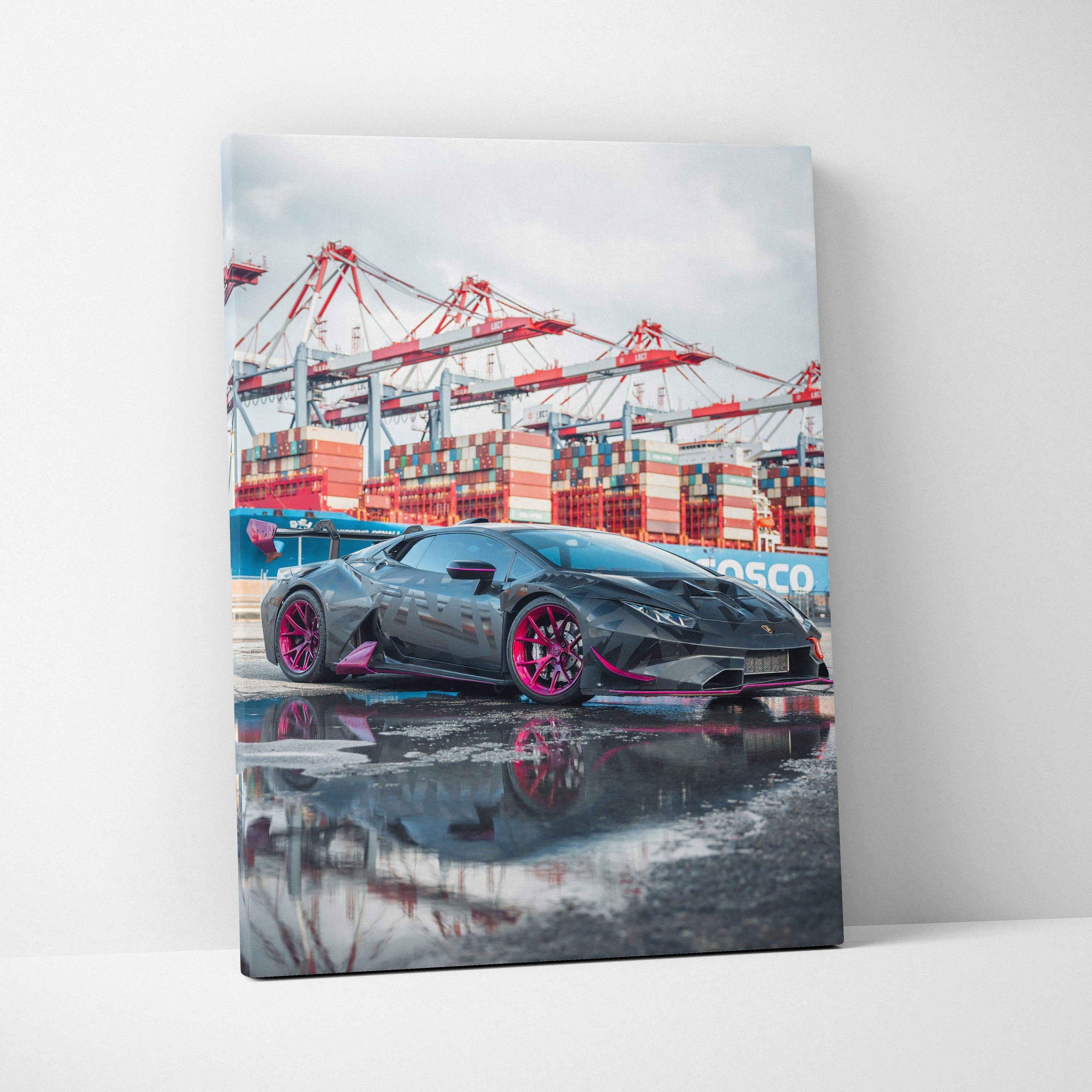 Lamborghini Huracan canvas art with reflective wet ground and industrial crane background wall art.