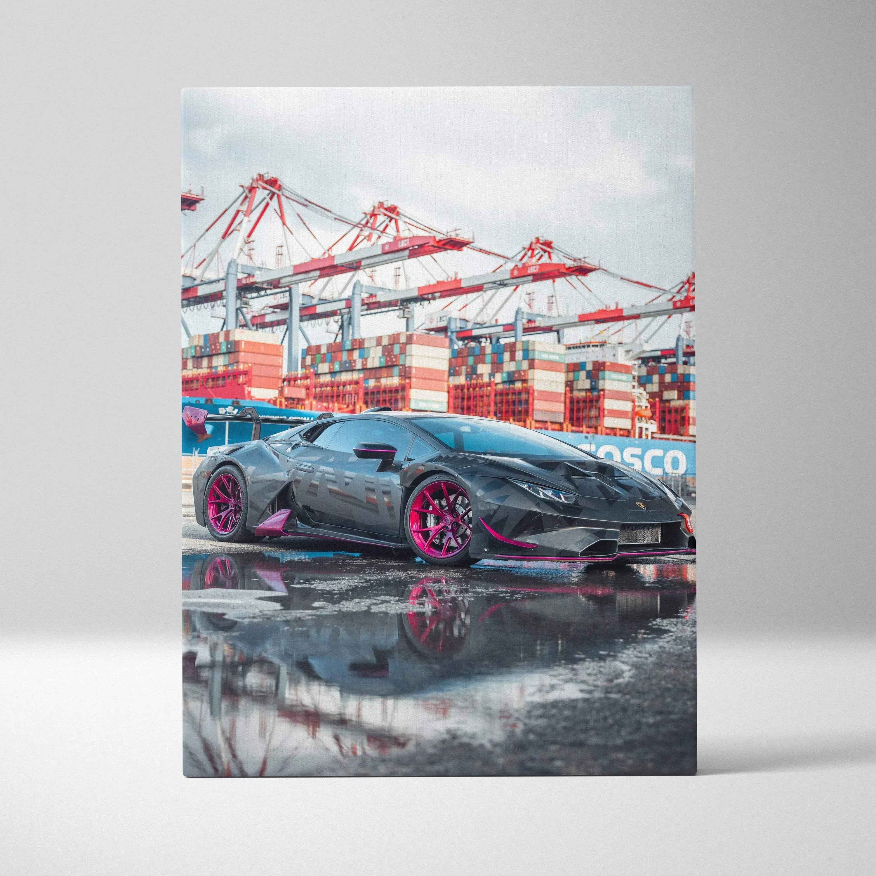 Lamborghini Huracan with purple rims parked by shipping cranes, vertical canvas wall art.