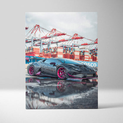 Lamborghini Huracan with purple rims parked by shipping cranes, vertical canvas wall art.