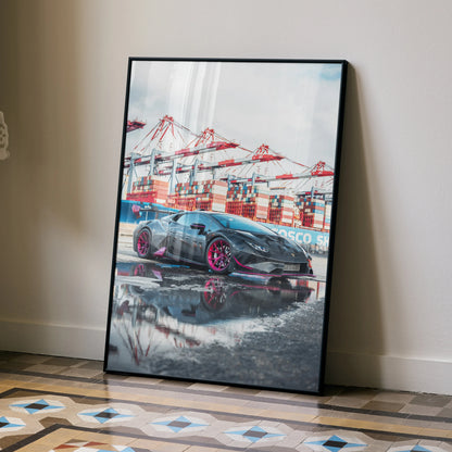 Lamborghini Huracan poster with red accents and industrial port background wall art.