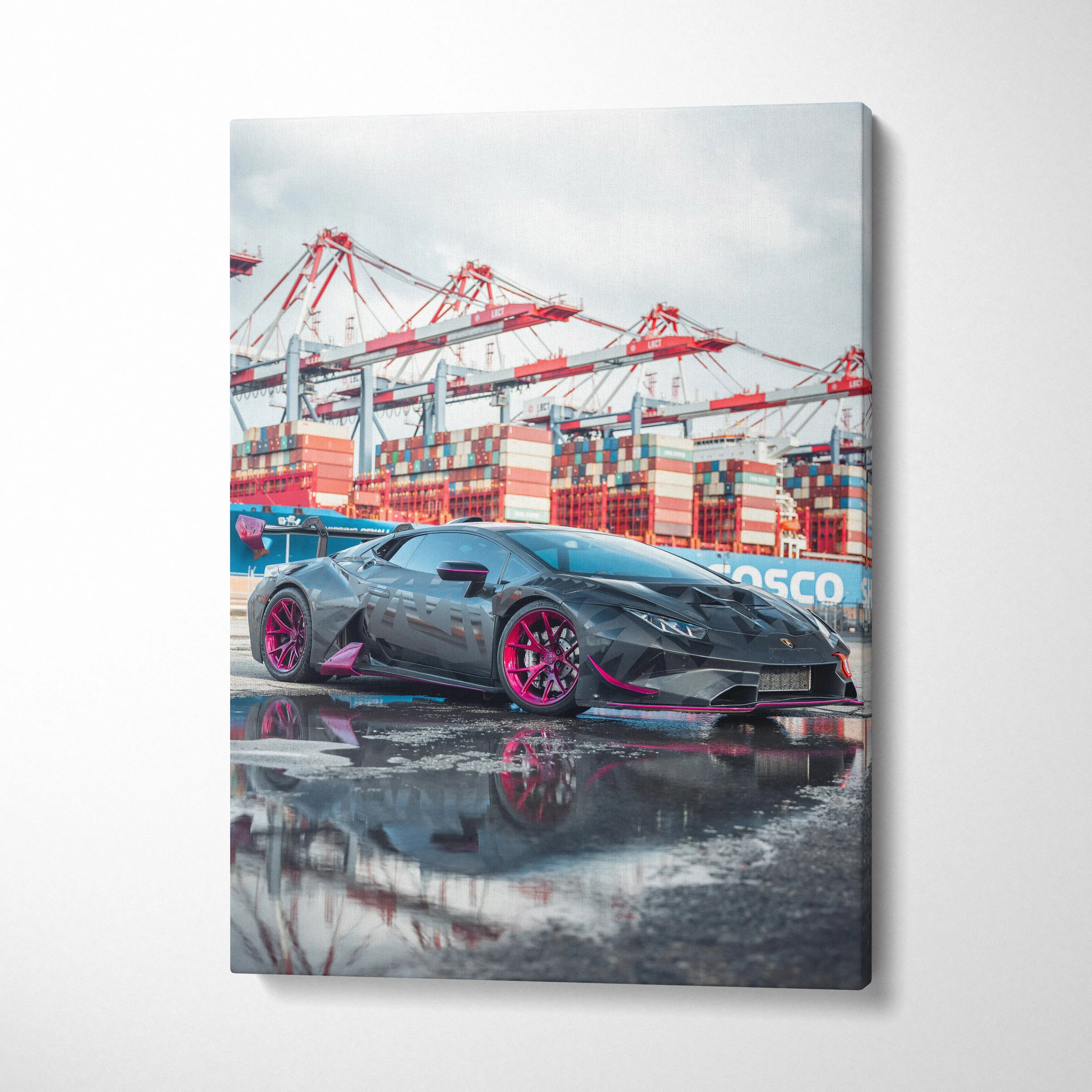 Canvas wall art featuring a sleek Lamborghini Huracan with vibrant pink rims against an industrial port background.