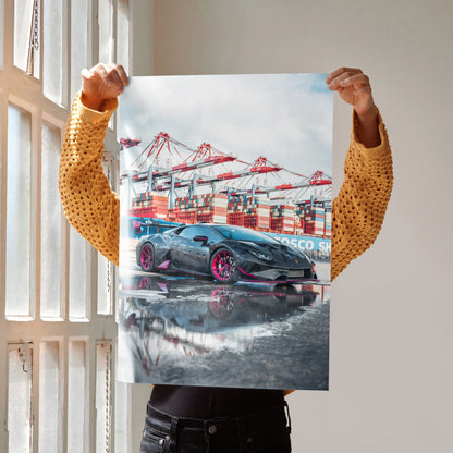 Lamborghini Huracan poster with glossy finish and vibrant red accents, modern wall art.