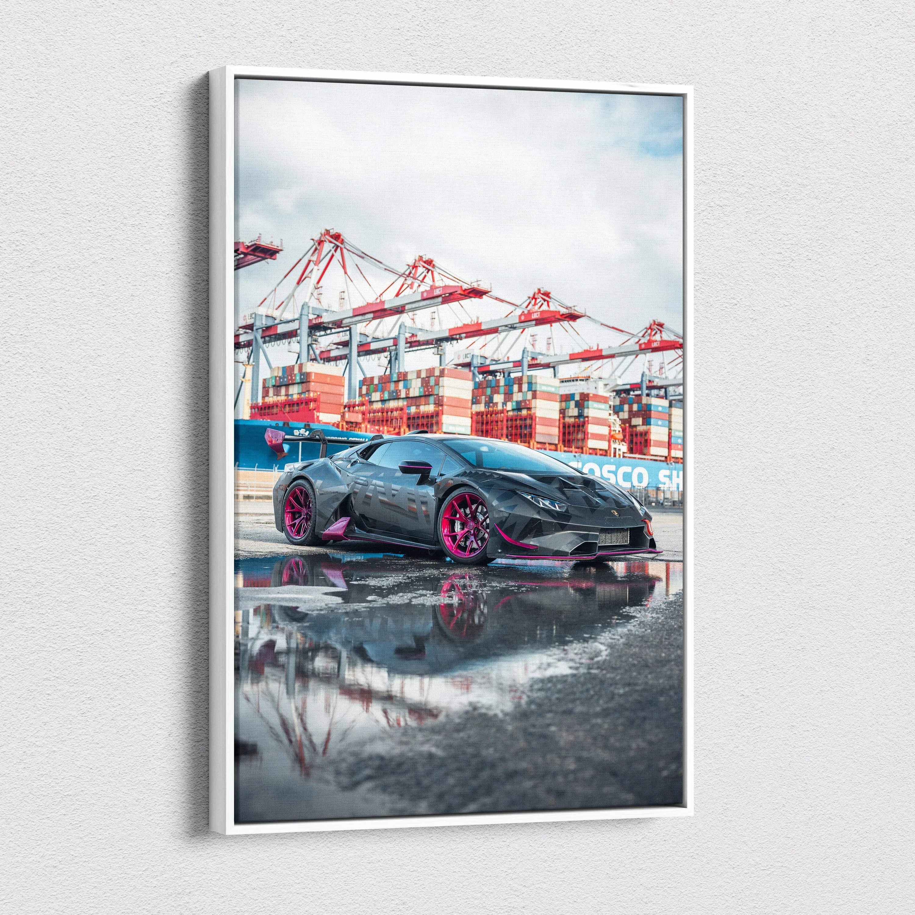 Lamborghini Huracan canvas art with red accents and harbor cranes background vertical wall art.