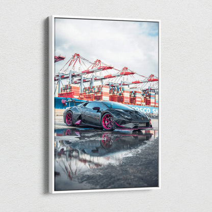 Lamborghini Huracan canvas art with red accents and harbor cranes background vertical wall art.