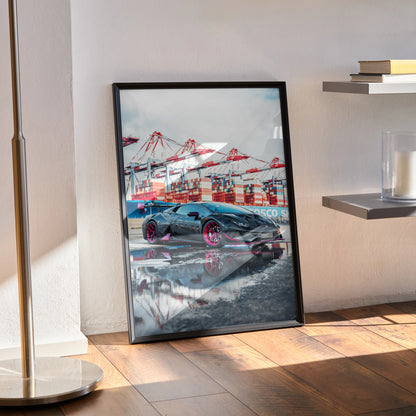 Lamborghini Huracan poster with reflective wet ground scene in black frame leaning on wall wall art.
