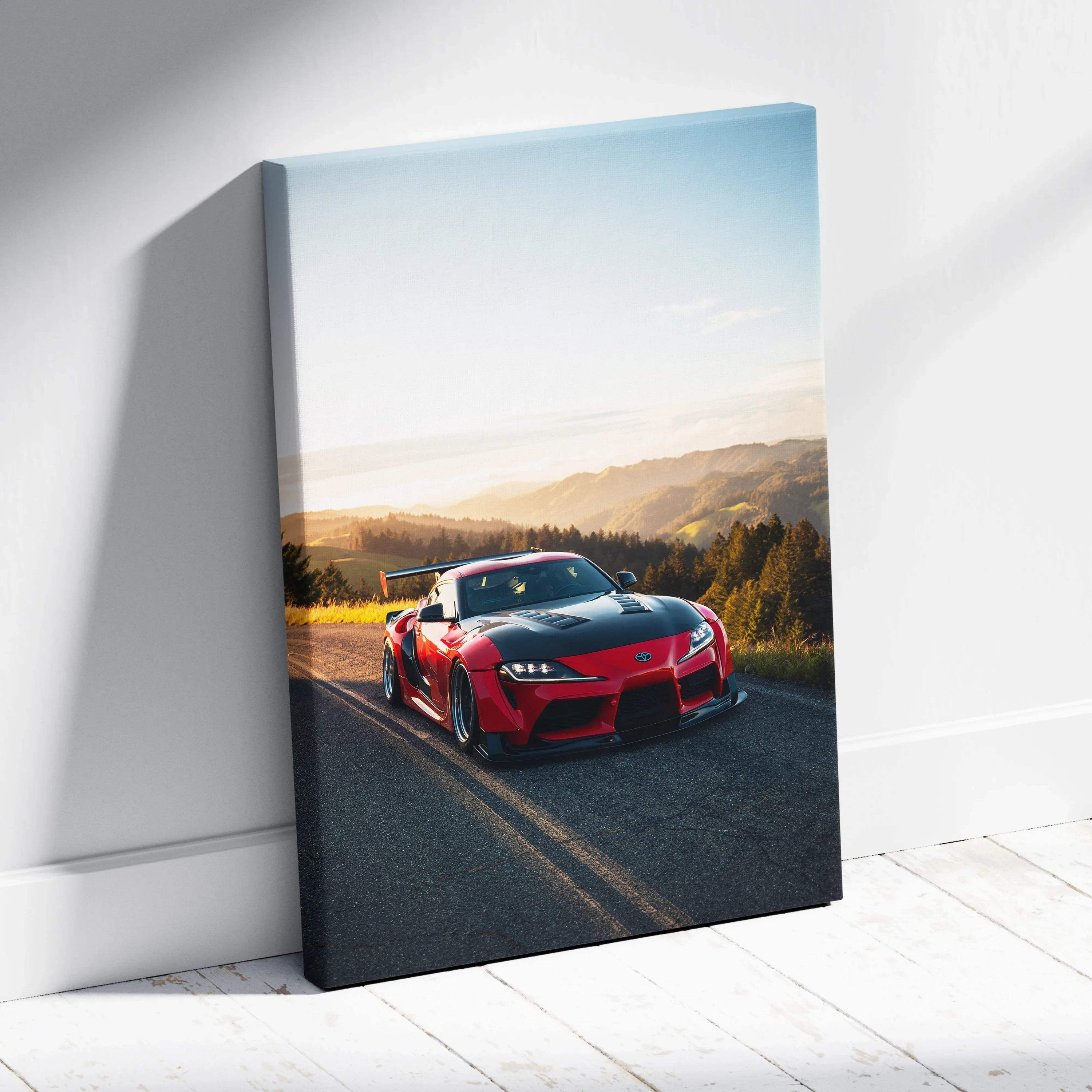 Red Toyota Supra MK5 on road at sunset canvas wall art vertical car print.
