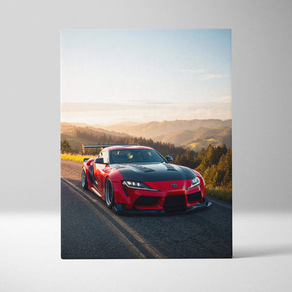 Toyota Supra MK5 in red on scenic sunset road vertical canvas wall art print.