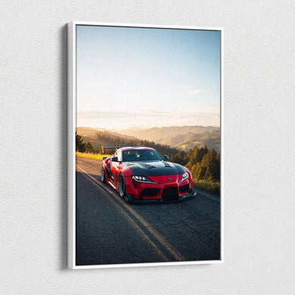 Red Toyota Supra MK5 on scenic road at sunset vertical canvas wall art.