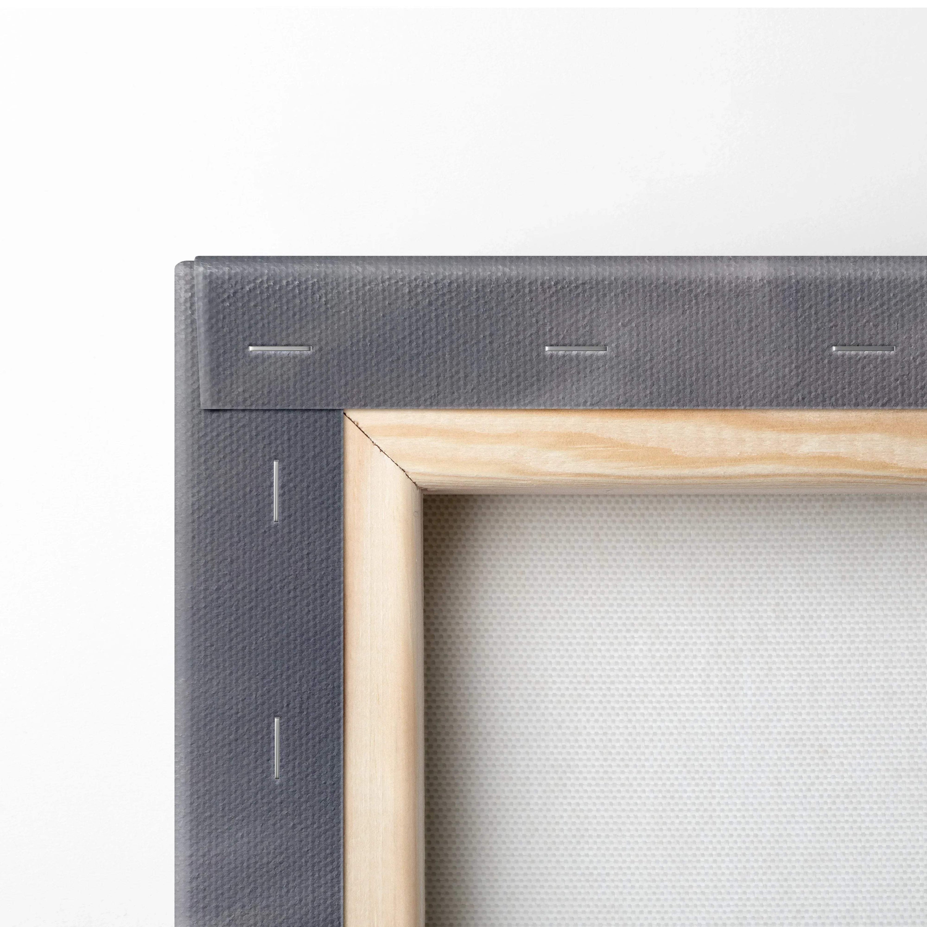 Close-up of wooden frame and stretched canvas texture for vertical wall art print.