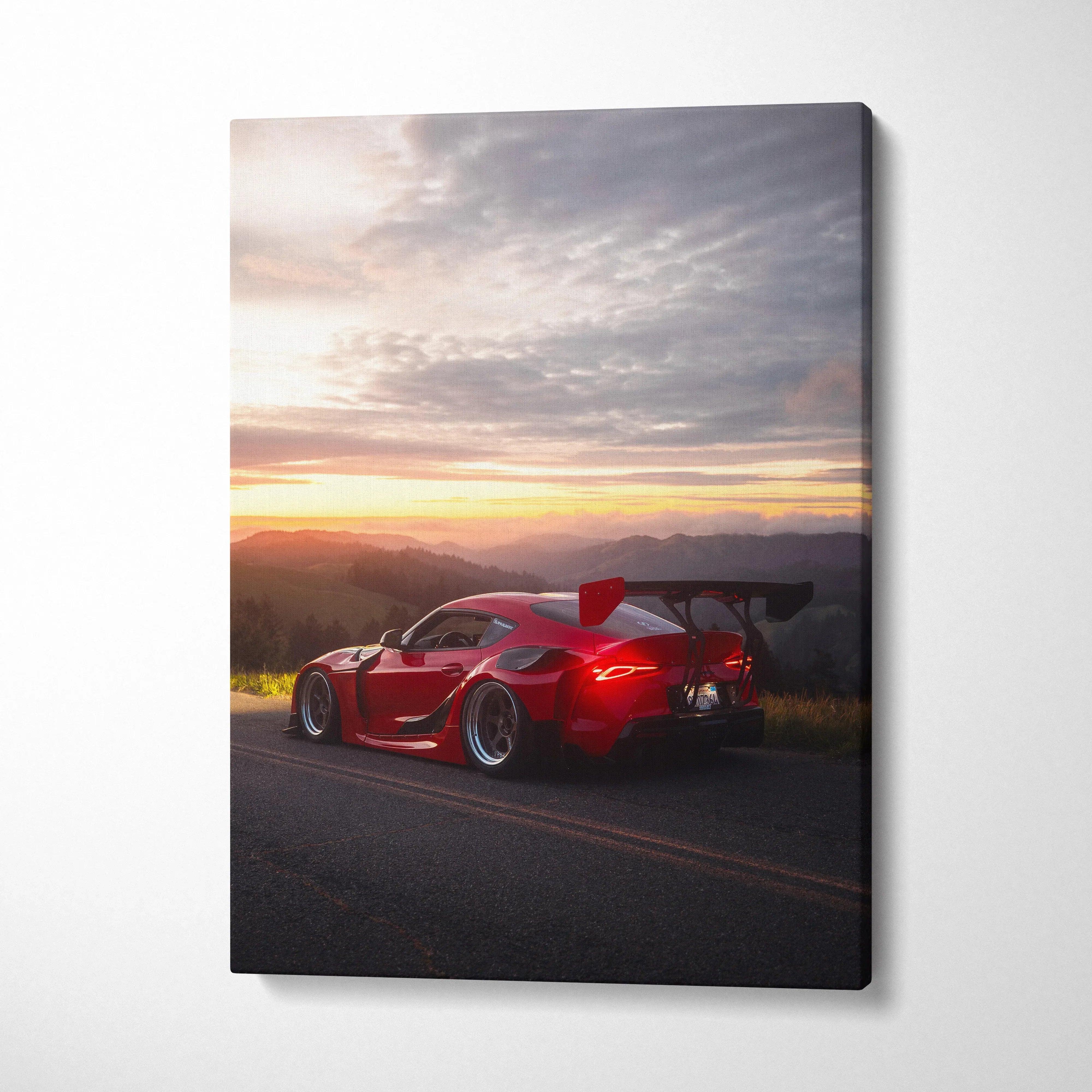 Red Toyota Supra MK5 parked on road at sunset with detailed sky, vertical canvas wall art.