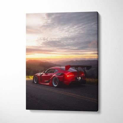 Red Toyota Supra MK5 parked on road at sunset with detailed sky, vertical canvas wall art.