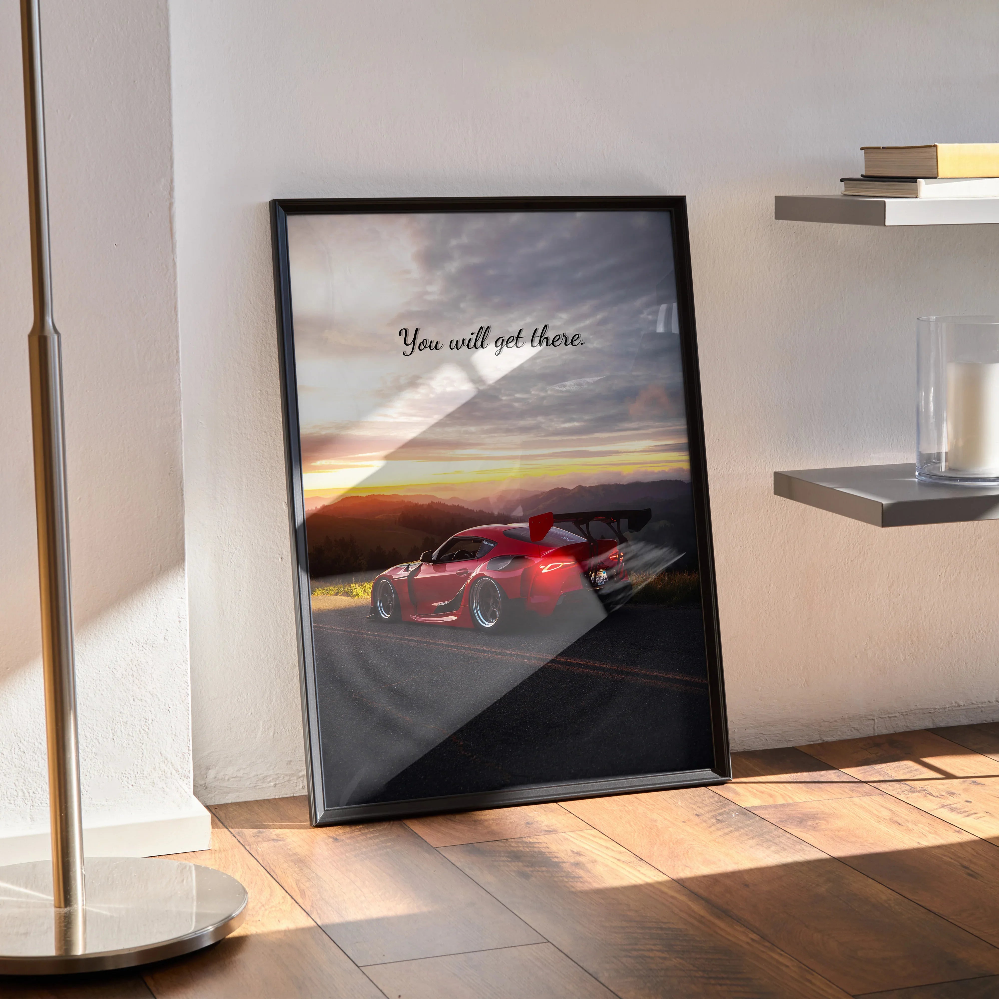 Toyota Supra Mk5 motivational poster with sunset and inspiring text in black frame wall art.