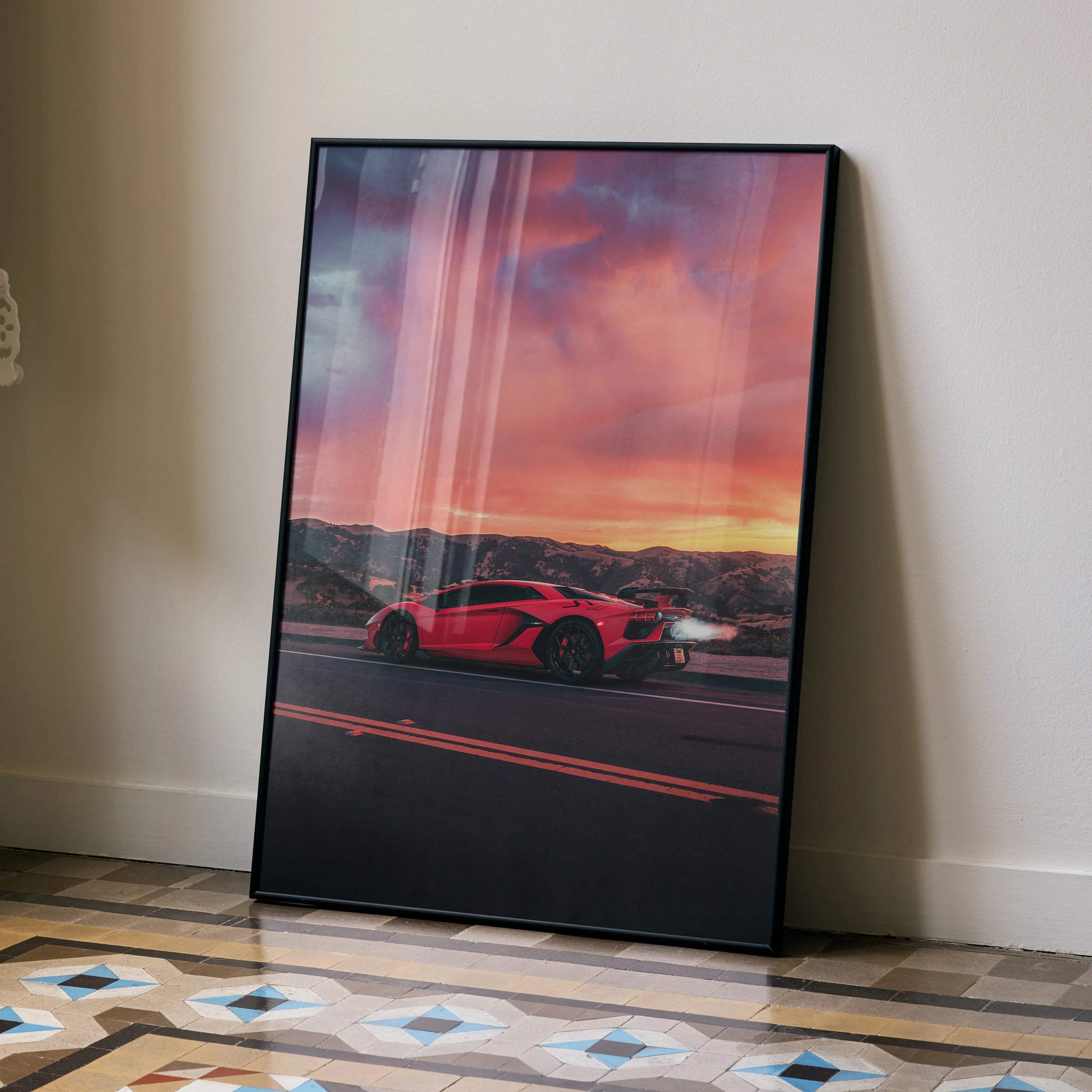 Lamborghini Aventador SVJ red hypercar poster with vibrant sunset wall art in black frame.
