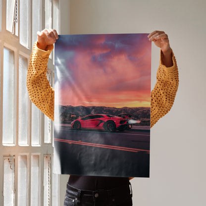 Lamborghini Aventador SVJ poster wall art with red hypercar against vibrant sunset sky.