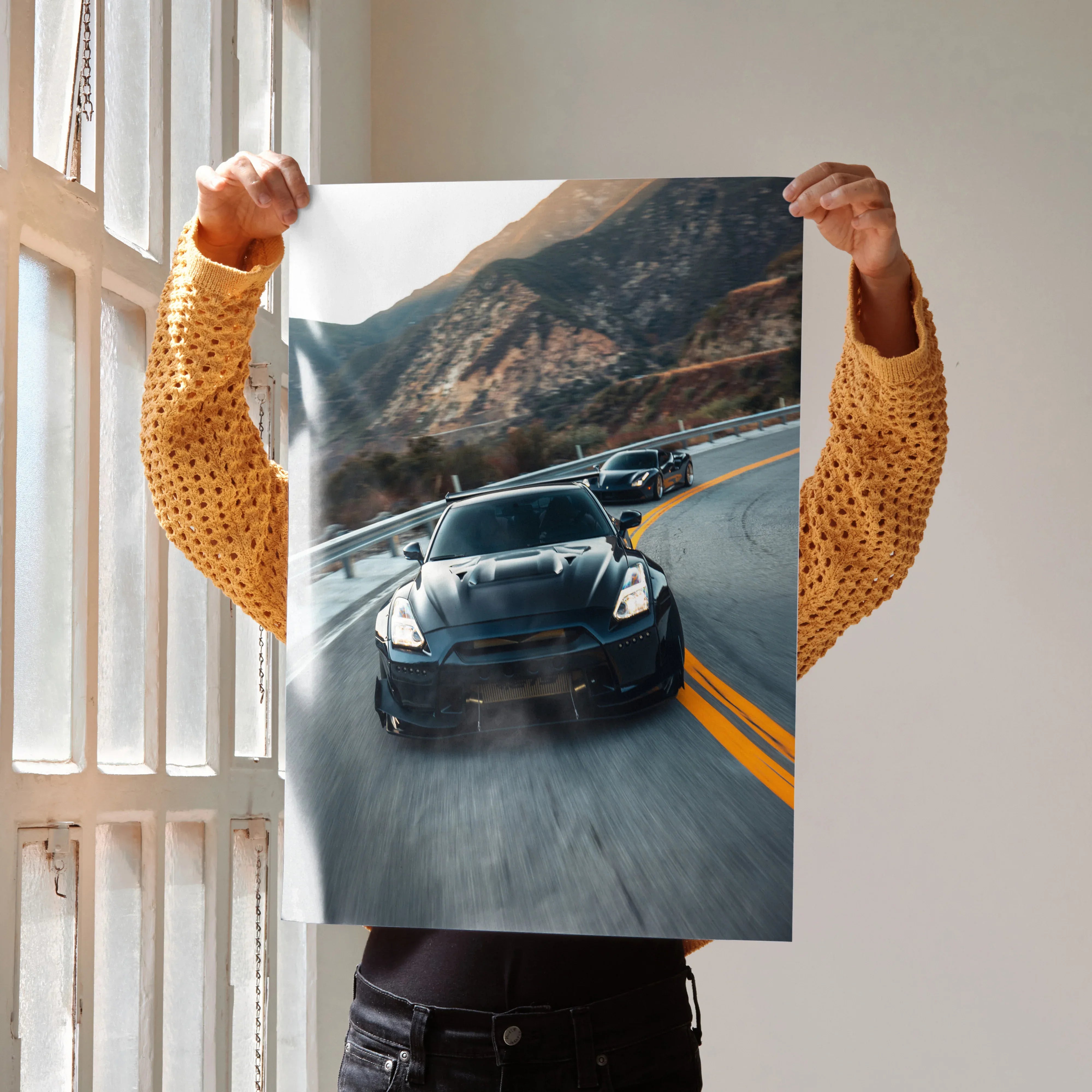 Nissan GTR R35 widebody speeding on mountain road poster wall art with dramatic perspective.