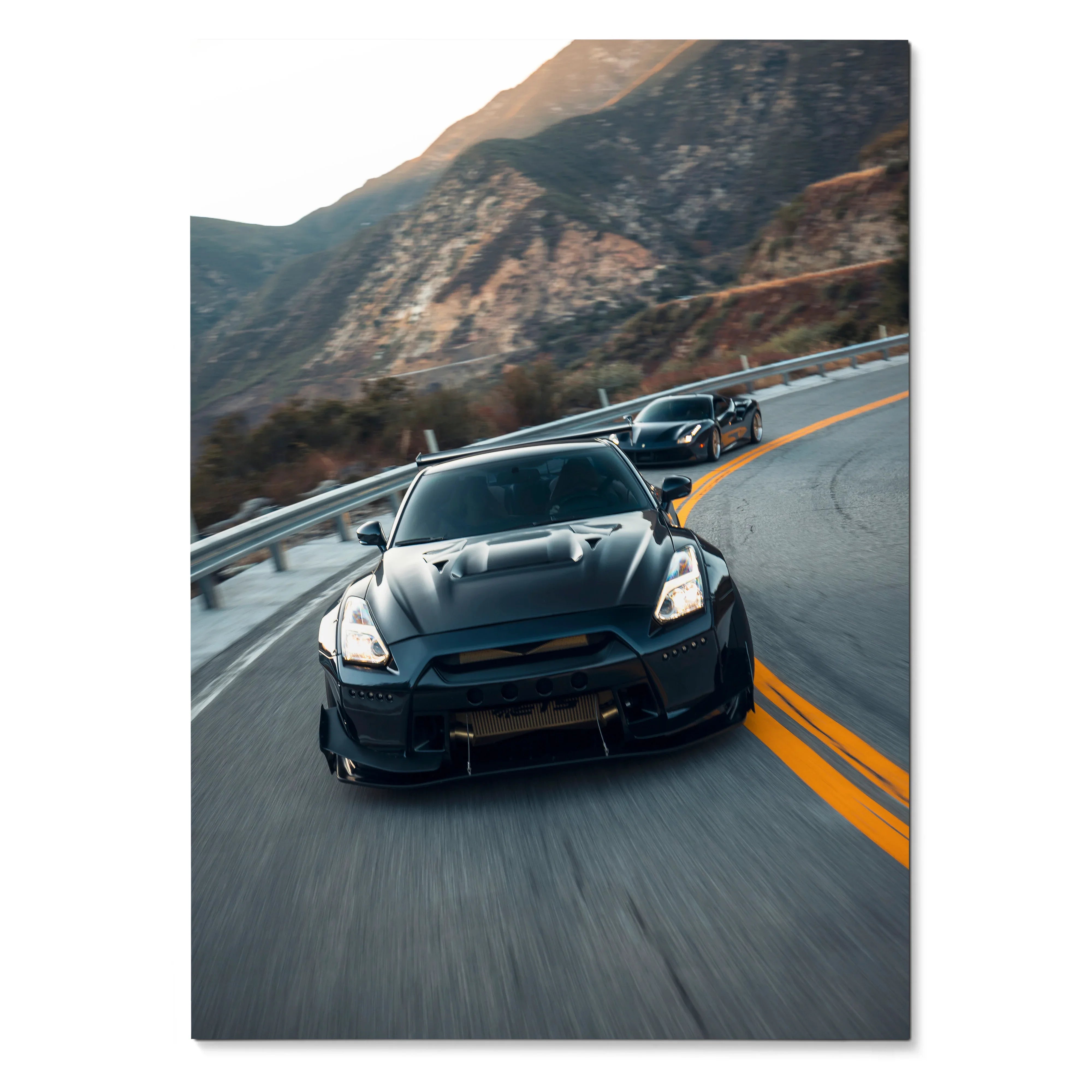 Nissan GTR R35 widebody speeding on mountain road poster wall art.