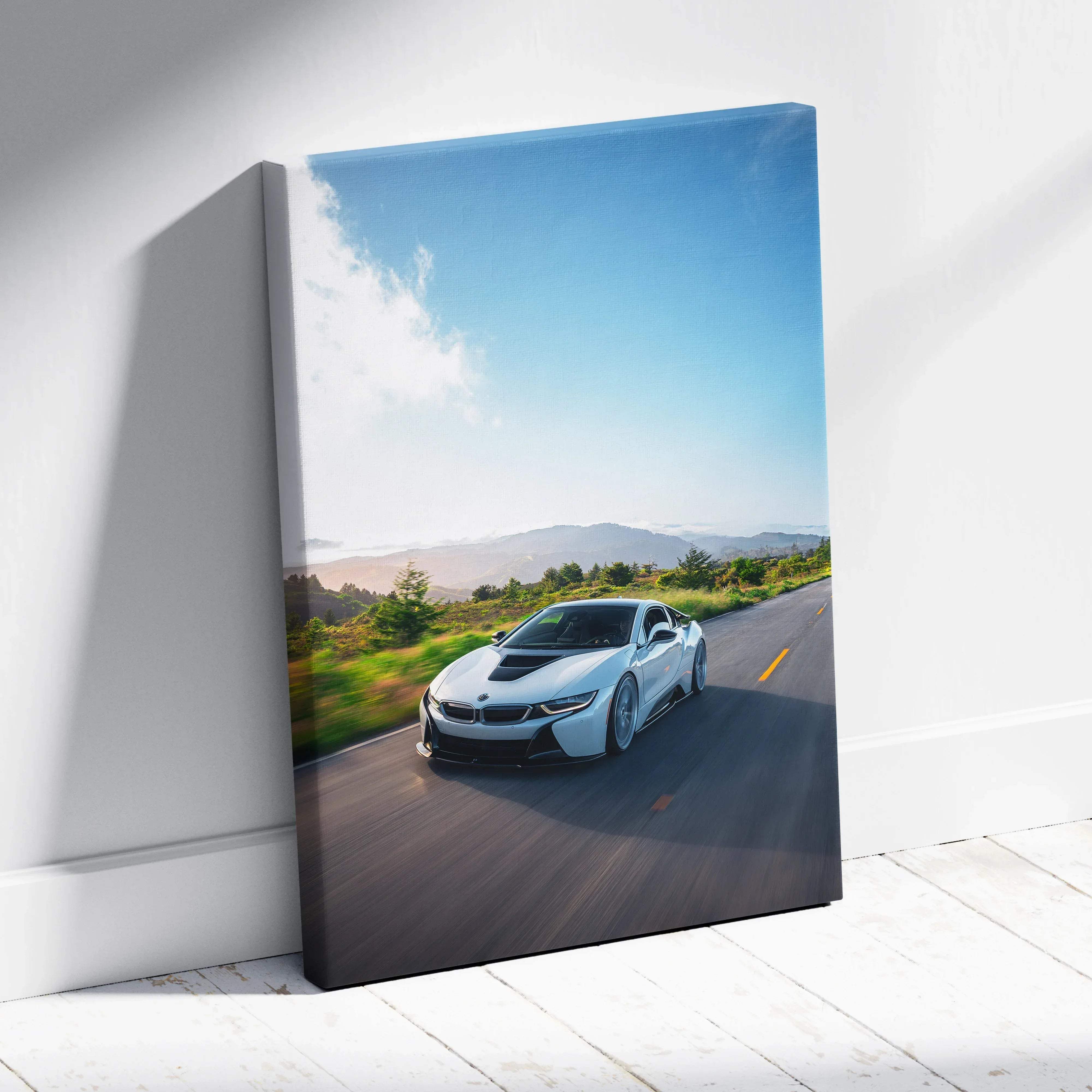 Canvas wall art of white bmw i8 sports car with black accents and racing stripes in bright sky mood portrait style