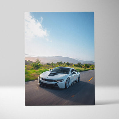 BMW i8 sleek silver car on road with blue sky canvas wall art print.