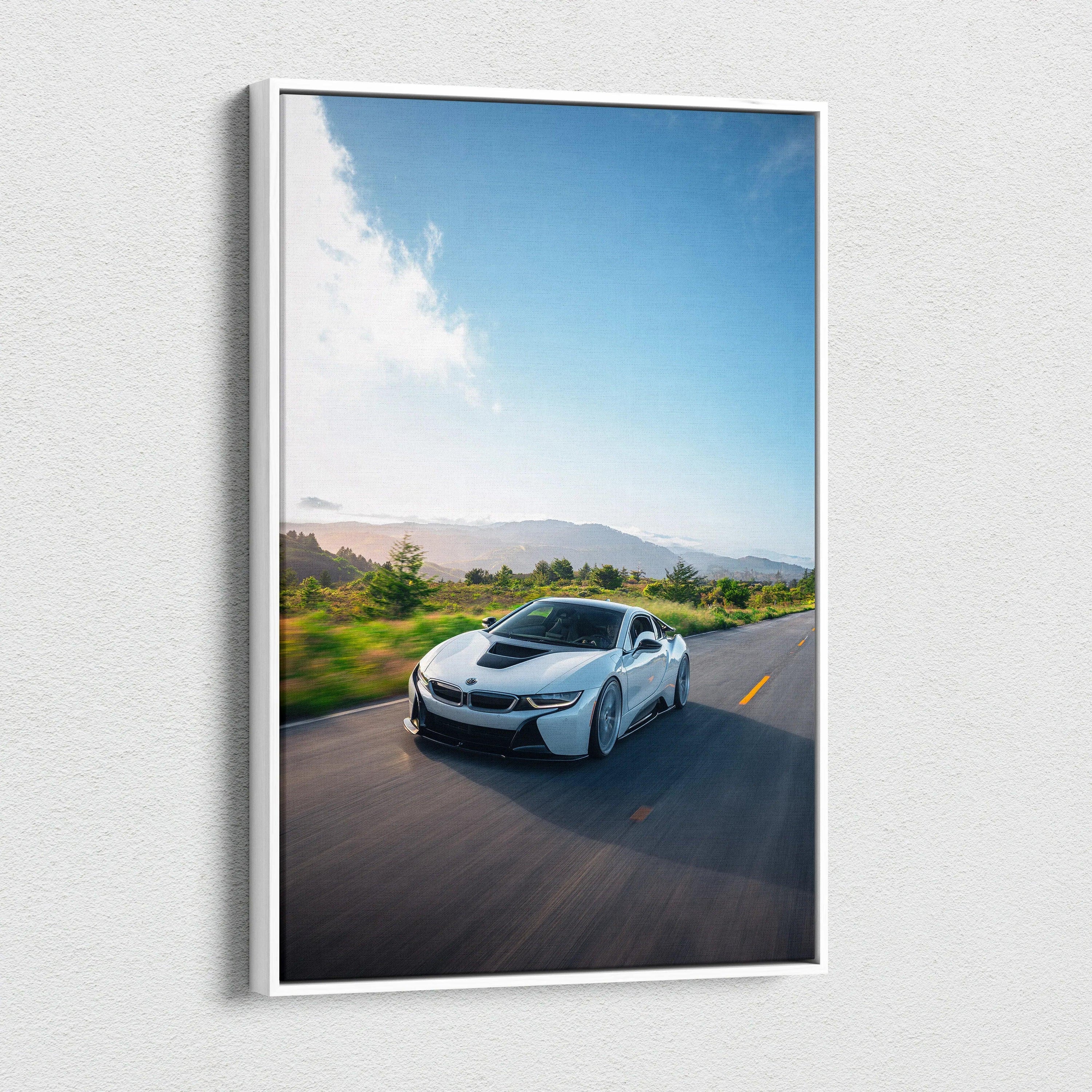 BMW i8 driving on road with blue sky canvas wall art vertical car print.