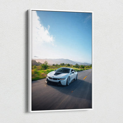 BMW i8 driving on road with blue sky canvas wall art vertical car print.