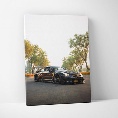 Nissan GTR R35 black sports car on road under trees vertical canvas wall art.