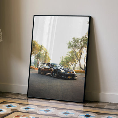 Nissan GT-R R35 car poster leaning against wall with scenic tree background, modern wall art.