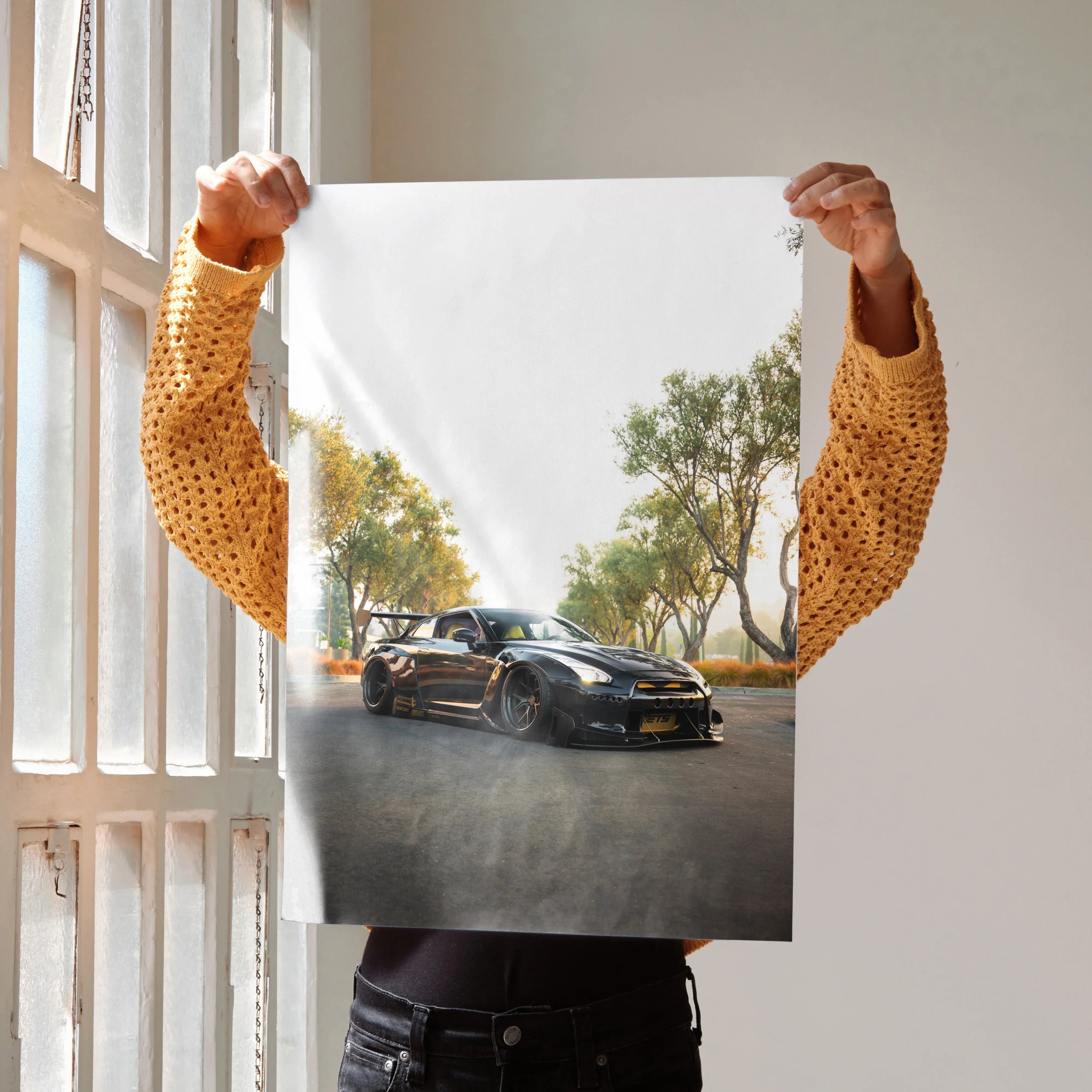 Nissan GT-R R35 black sports car poster with trees background wall art.