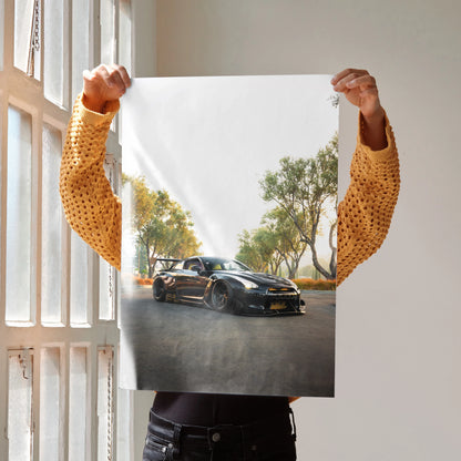 Nissan GT-R R35 black sports car poster with trees background wall art.