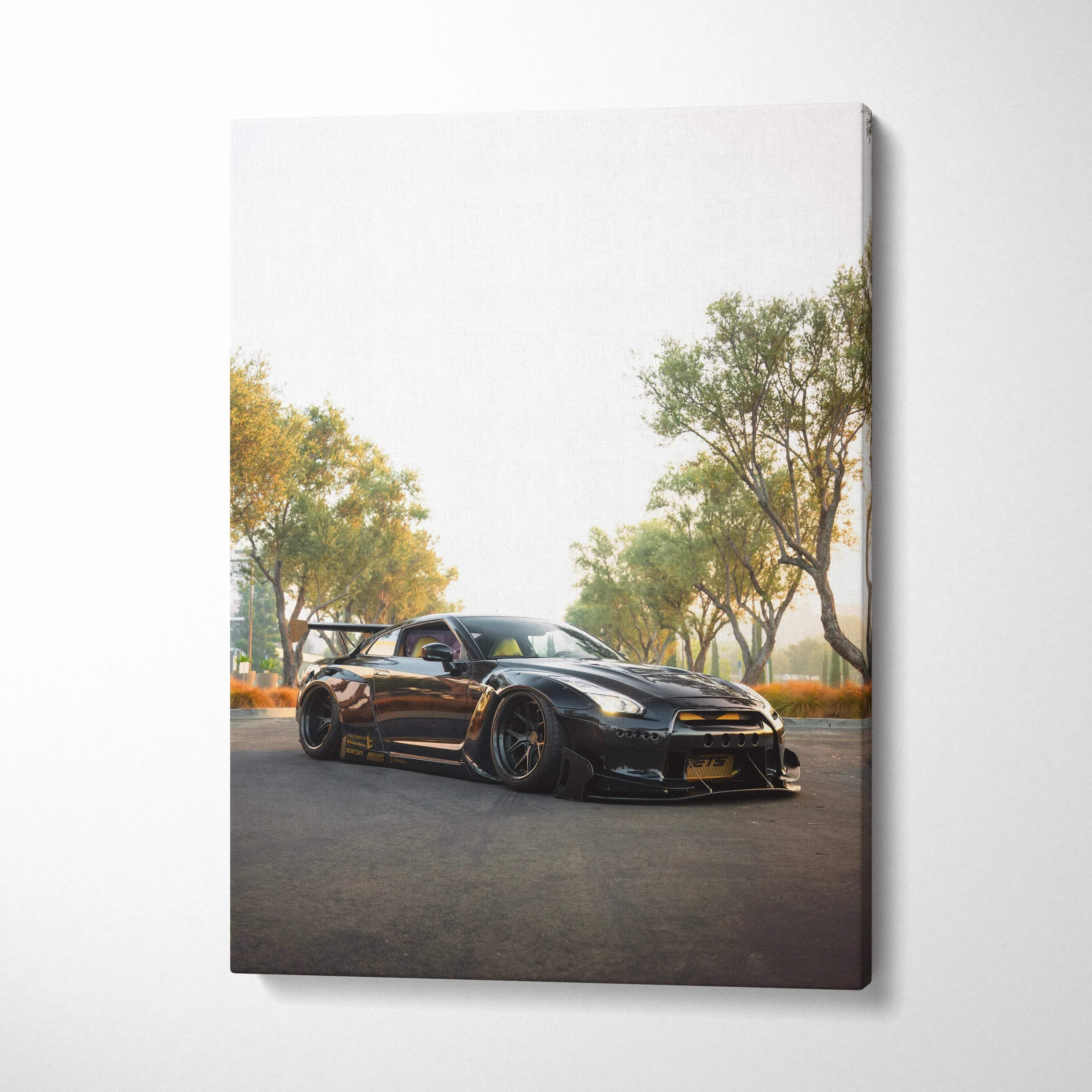 Nissan GTR R35 black sports car on road with trees background vertical canvas wall art.