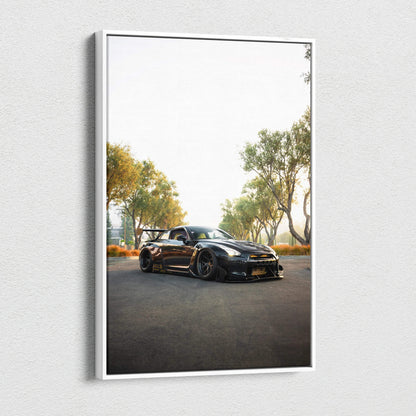 Nissan GTR R35 black sports car on road under trees vertical canvas wall art.
