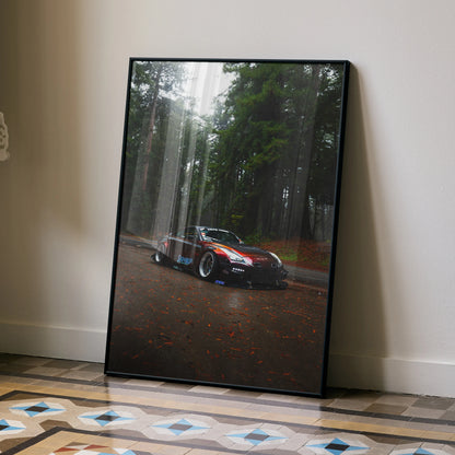 Nissan GT-R R35 racing car poster with forest background, premium wall art print in black frame.
