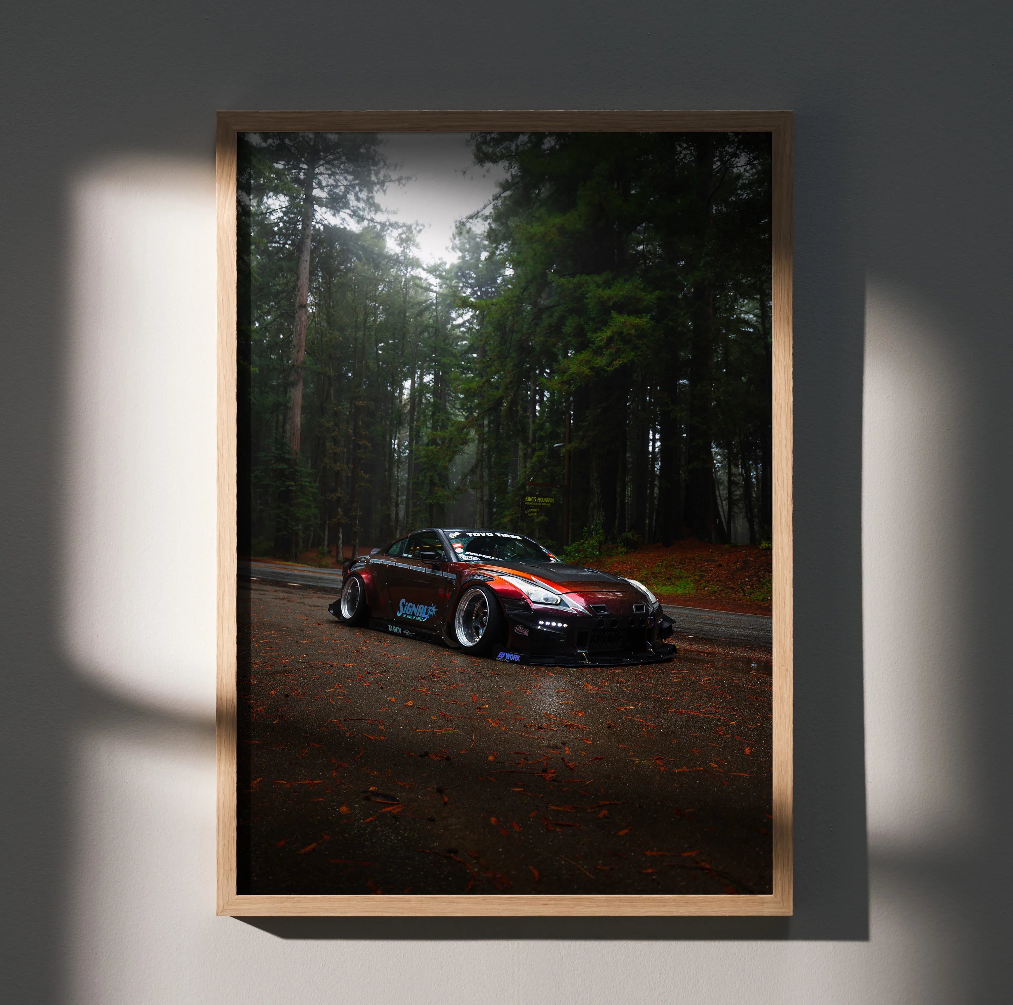 Nissan GT-R R35 racing car poster with forest background premium wall art in wooden frame.