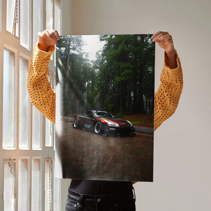 Nissan GT-R R35 racing car on forest road high-resolution poster wall art.